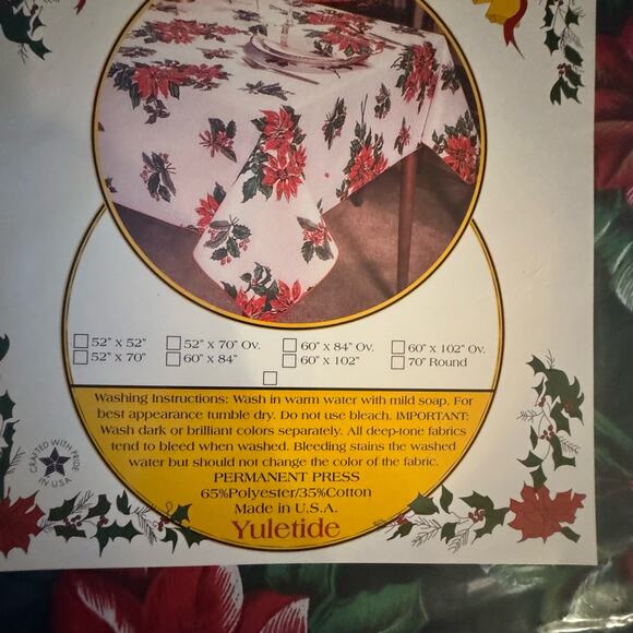 NOS Sealed Vintage Christmas Vinyl Tablecloth Square 52" x 52" Poinsettia Holly - Picture 3 of 5